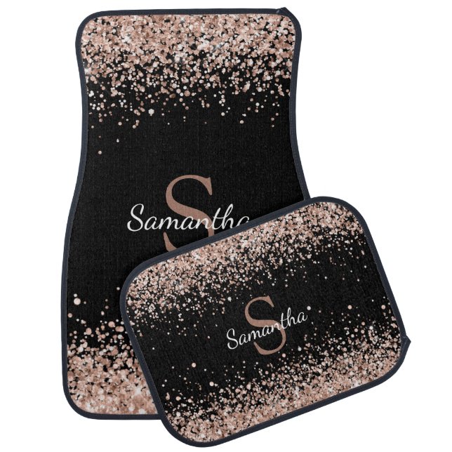Chic Rose Gold Glitter Confetti Monogram Black Car Floor Mat (Set)