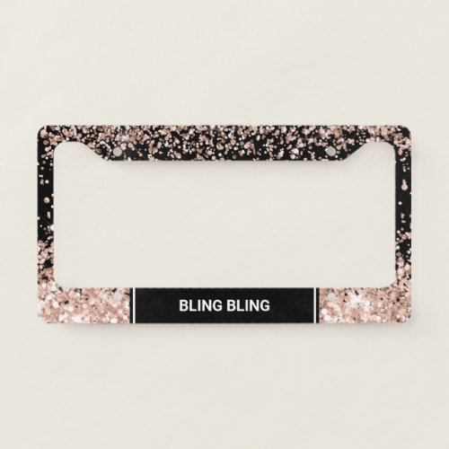 Chic Rose Gold Glitter Confetti Monogram Black License Plate Frame