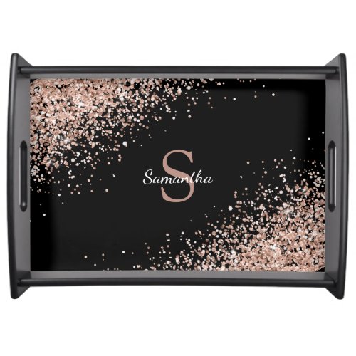 Chic Rose Gold Glitter Confetti Monogram Black Serving Tray