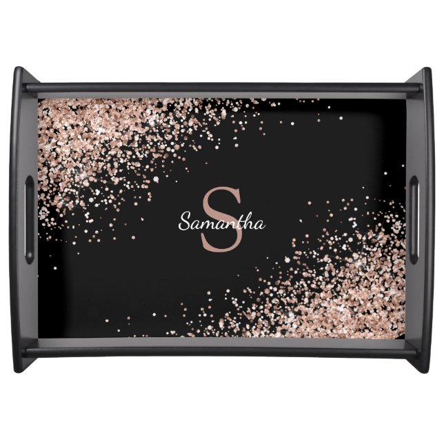Chic Rose Gold Glitter Confetti Monogram Black Serving Tray (Front)