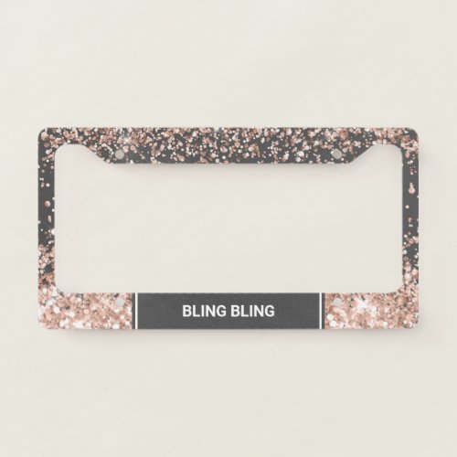 Chic Rose Gold Glitter Confetti Monogram Grey License Plate Frame
