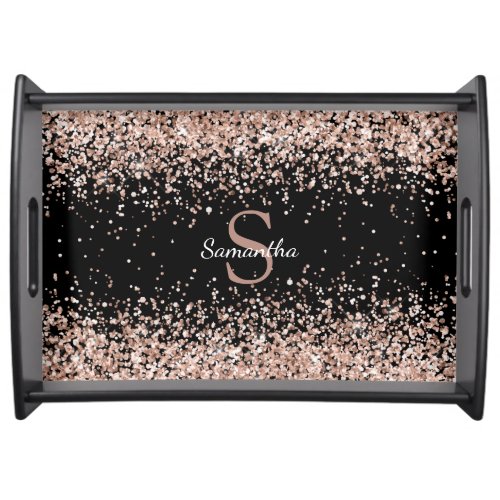 Chic Rose Gold Glitter Confetti Monogram on Black Serving Tray