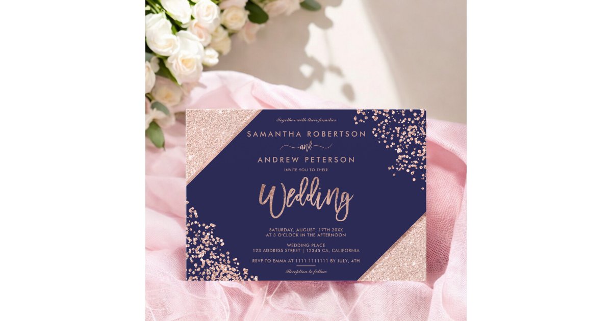 Chic Rose gold glitter confetti navy blue wedding Invitation | Zazzle