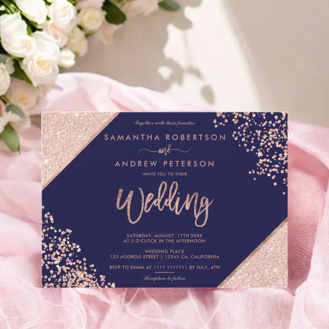Chic Rose gold glitter confetti navy blue wedding Invitation | Zazzle