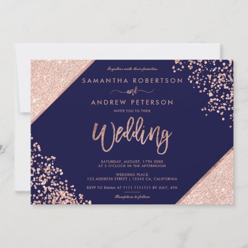 Chic Rose gold glitter confetti navy blue wedding Invitation