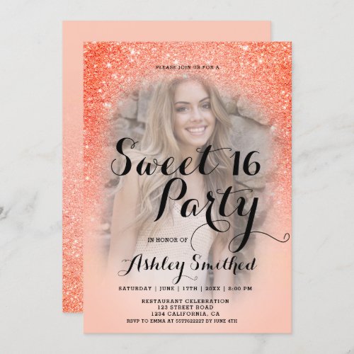 Chic rose gold glitter coral ombre photo Sweet 16 Invitation