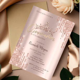 Chic Rose Gold Glitter Crown Drop Quinceañera Invitation