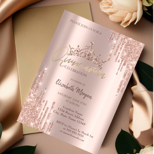 Chic Rose Gold Glitter Crown Drop Quinceaera  Invitation