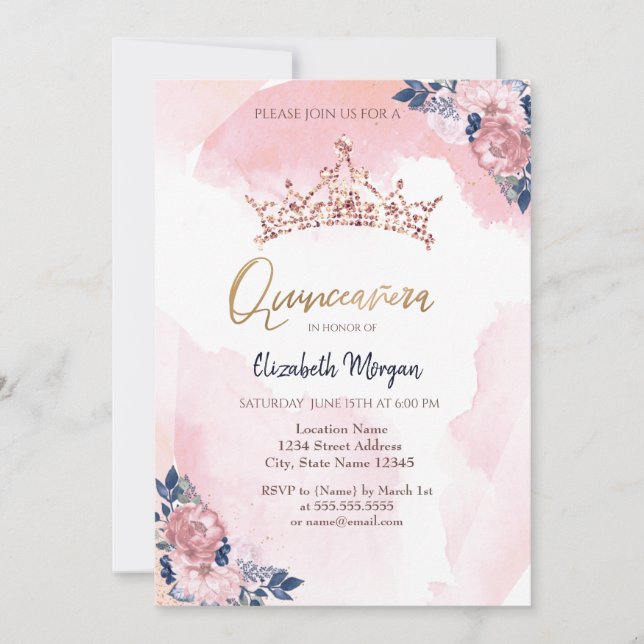Chic Rose Gold Glitter Crown Flowers Quinceanera Invitation (Front)