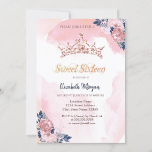 Chic Rose Gold Glitter Crown Flowers Sweet 16 Invitation