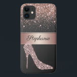 Chic Rose Gold Glitter Diamond High Heel Shoe Name iPhone 11 Case<br><div class="desc">Protect your phone in style with this chic glitter and glam phone case. This elegant design template features a high-heeled shoe made of rose gold diamonds on a black background. Above is a stripe of rose gold metallic texture with your name to personalize accented by a sprinkling of rose gold...</div>