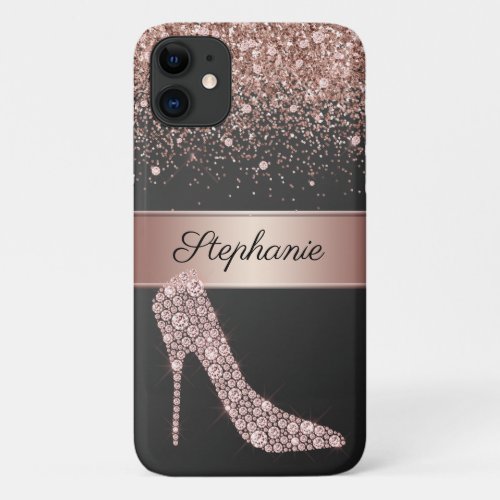 Chic Rose Gold Glitter Diamond High Heel Shoe Name iPhone 11 Case