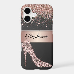 Chic Rose Gold Glitter Diamond High Heel Shoe Name iPhone 17 Case