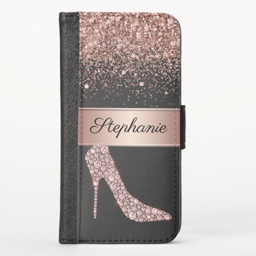 Chic Rose Gold Glitter Diamond High Heel Shoe Name iPhone X Wallet Case