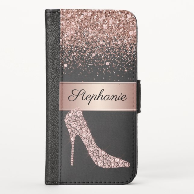 Chic Rose Gold Glitter Diamond High Heel Shoe Name iPhone Wallet Case (Front)