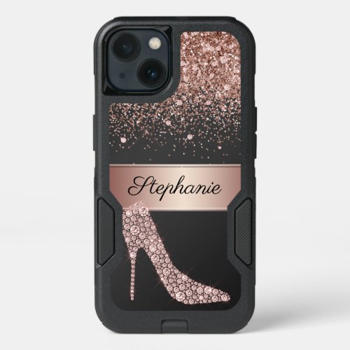 Chic Rose Gold Glitter Diamond High Heel Shoe Name iPhone 13 Case