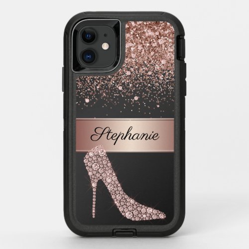 Chic Rose Gold Glitter Diamond High Heel Shoe Name OtterBox Defender iPhone 11 Case
