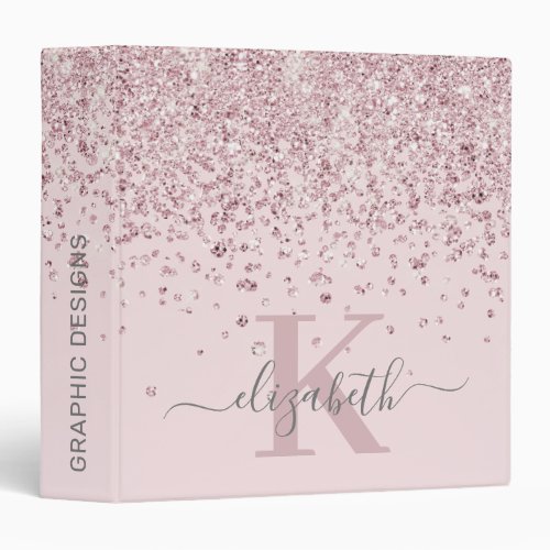 Chic Rose Gold Glitter Diamond Script Monogrammed 3 Ring Binder