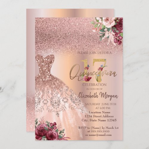 Chic Rose Gold Glitter Dress Floral Quinceaera  Invitation