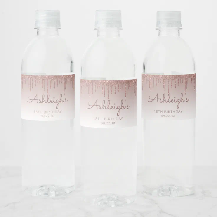 Chic Rose Gold Glitter Drip 18th Birthday Party Water Bottle Label | Zazzle