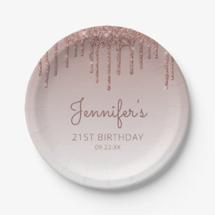 Chic Rose Gold Glitter Drip 21st Birthday Party Paper Plates