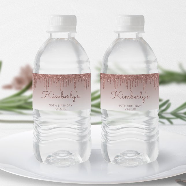 Chic Rose Gold Glitter Drip 50th Birthday Party Water Bottle Label (Creator Uploaded)