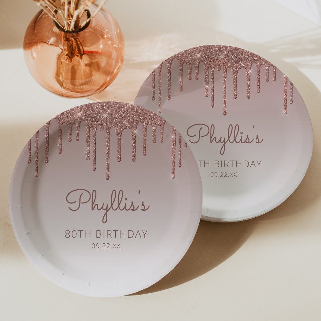 Chic Rose Gold Glitter Drip 80th Birthday Party Paper Plates (Creator Uploaded)
