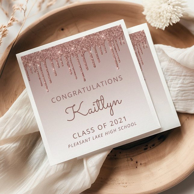 Chic Rose Gold Glitter Drip Graduation Napkins (Creator Uploaded)