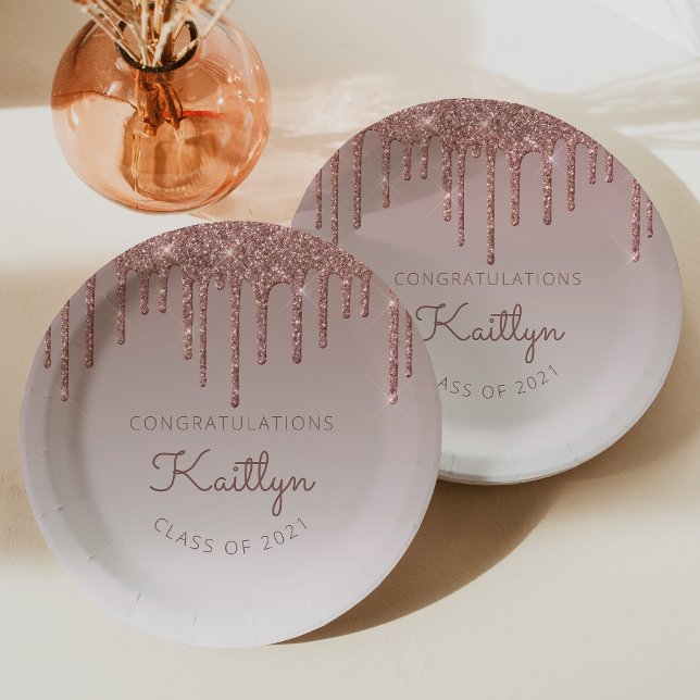 Chic Rose Gold Glitter Drip Graduation Party Paper Plates (Creator Uploaded)