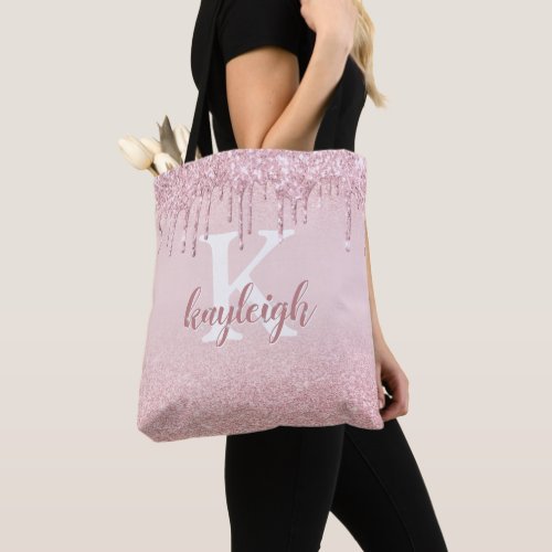 Chic  Rose Gold Glitter Drip Ombre Pink Monogram Tote Bag