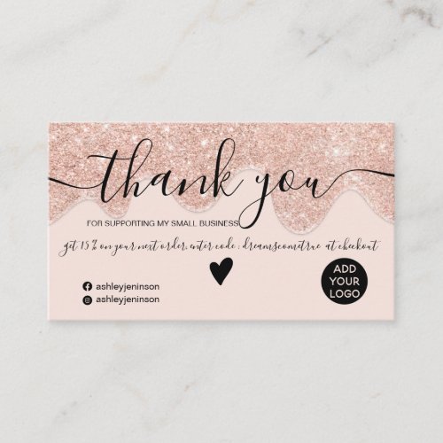 Chic rose gold glitter drips blush order thank you business card