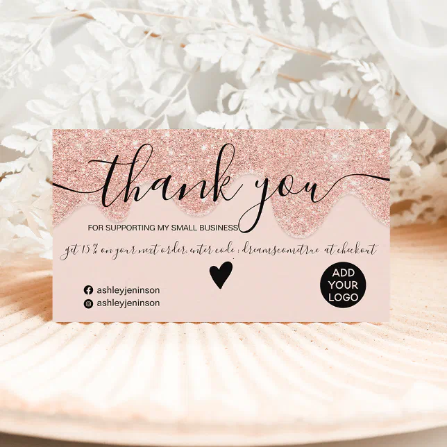 Chic rose gold glitter drips blush order thank you business card | Zazzle