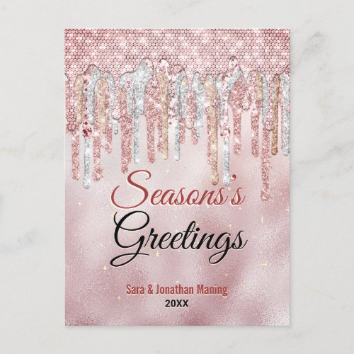 Chic rose gold glitter drips Christmas new year Postcard