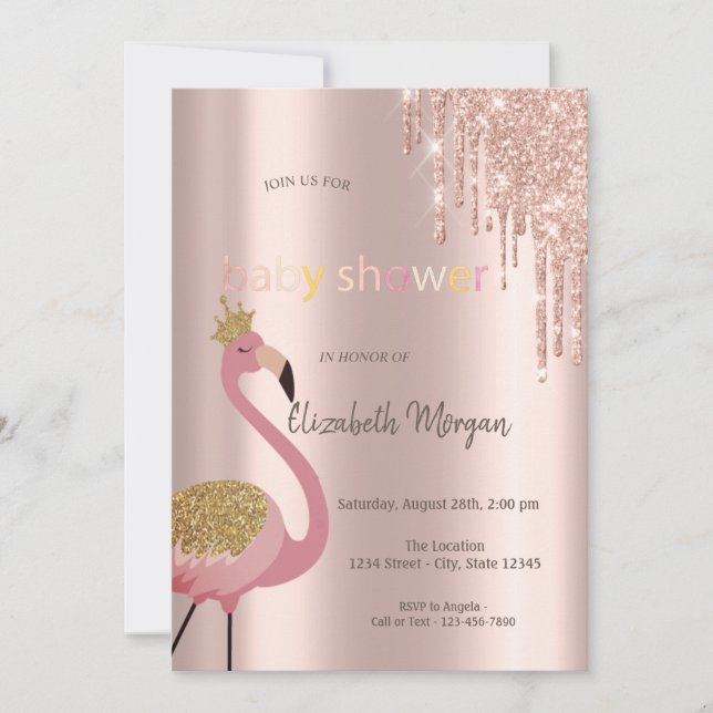 Chic Rose Gold Glitter Drips,Cute Pink Flamingos  Invitation (Front)