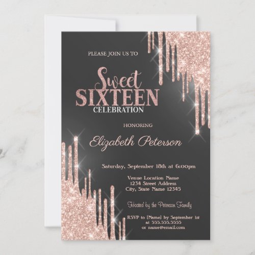 Chic Rose Gold Glitter Drips Green  Sweet 16 Invitation