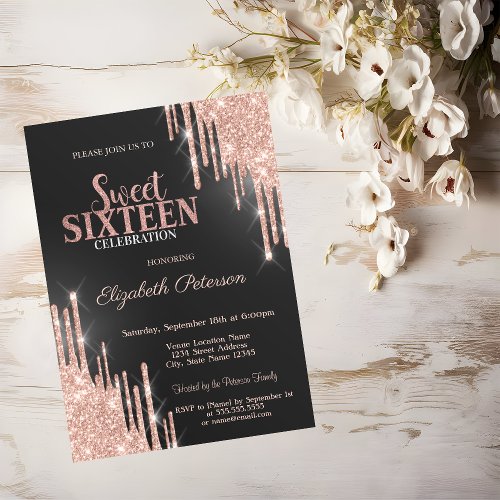 Chic Rose Gold Glitter Drips Green  Sweet 16 Invitation