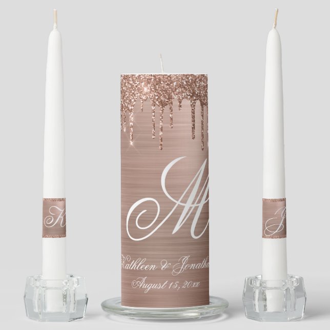 Chic Rose Gold Glitter Drips Metallic Name Wedding Unity Candle Set (Front)