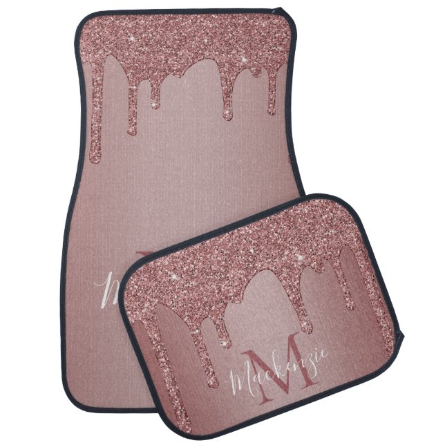 Chic Rose Gold Glitter Drips Monogram Car Floor Mat (Set)