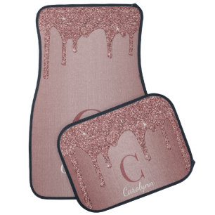 Chic Rose Gold Glitter Drips Monogram Car Floor Mat
