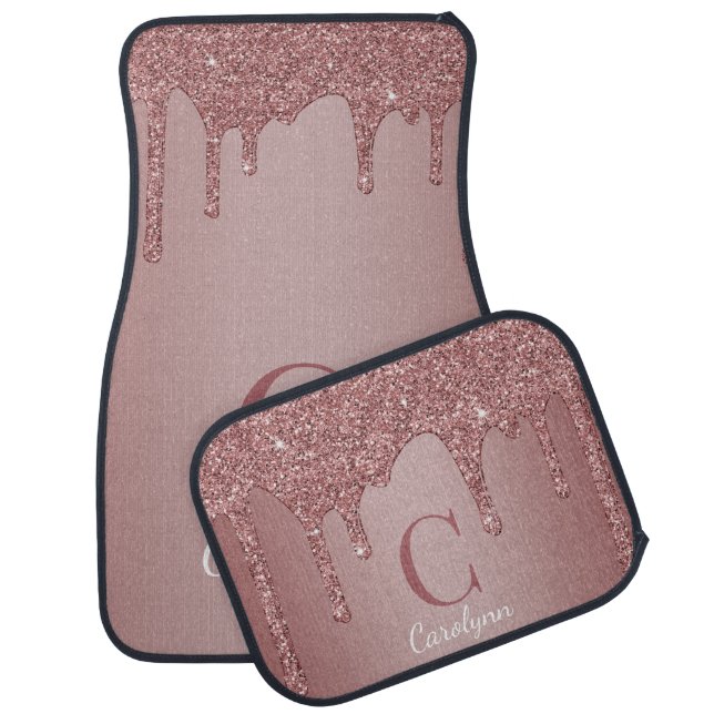 Chic Rose Gold Glitter Drips Monogram Car Floor Mat (Set)