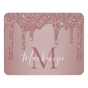 Chic Rose Gold Glitter Drips Monogram Door Sign