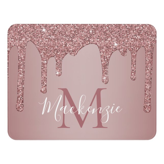 Chic Rose Gold Glitter Drips Monogram Door Sign (Contemporary Front)