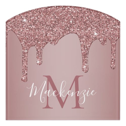 Chic Rose Gold Glitter Drips Monogram Door Sign