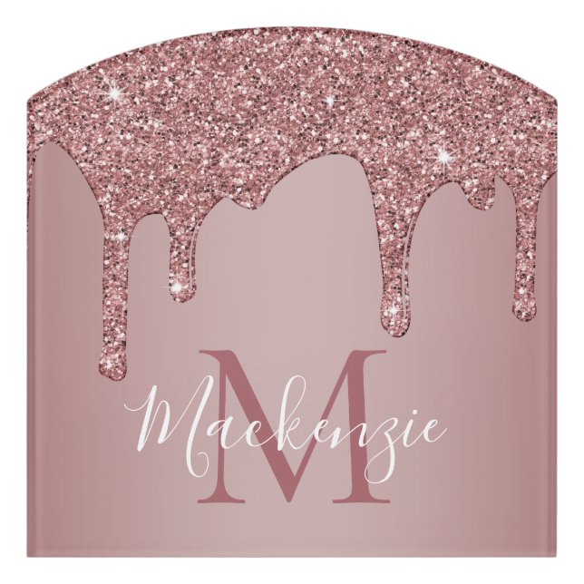 Chic Rose Gold Glitter Drips Monogram Door Sign (Contour Front)