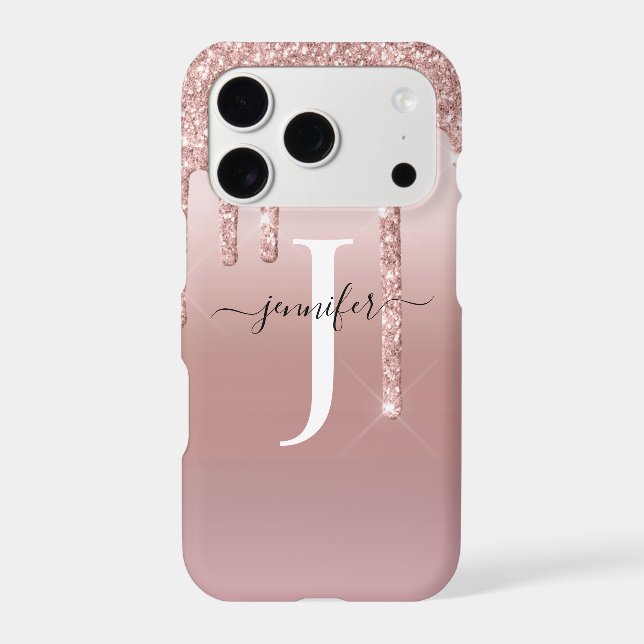 Chic Rose Gold Glitter Drips Monogram Iphone Case (Back)
