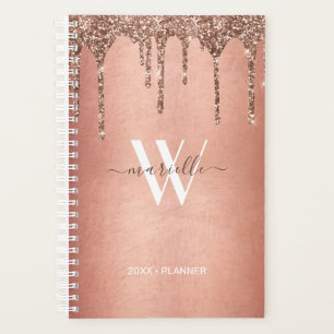 Chic Rose Gold Glitter Drips Monogram Name 2025 Planner