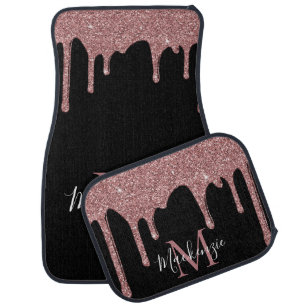 Chic Rose Gold Glitter Drips Monogram on Black Car Floor Mat