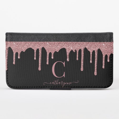 Chic Rose Gold Glitter Drips Monogram on Black iPhone X Wallet Case