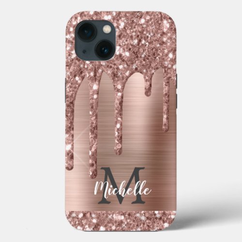 Chic Rose Gold Glitter Drips Monogram Pink Metal   iPhone 13 Case
