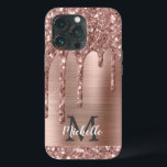 Chic Rose Gold Glitter Drips Monogram Pink Metal   iPhone 13 Pro Case<br><div class="desc">Elegant, modern, girly rose gold glitter drips pink metal custom personalized name and monogrammed iphone case. This design features blush pink rose gold glitter sparkle drips on pink brushed metal background with custom personalized monogram initial and first name text template. Perfect feminine gift for girl and women who loves pretty...</div>